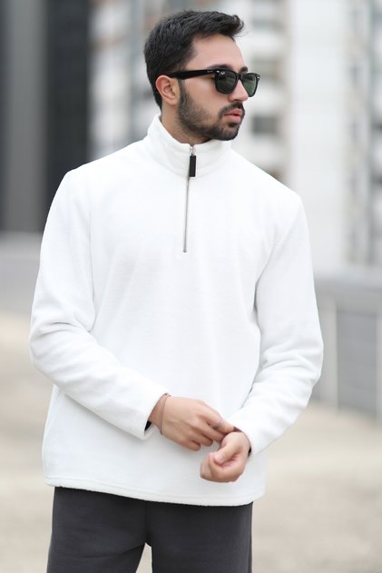 Men's Winter Fleece Sweatshirt White Half Zipper Stand Collar Throat - 6053