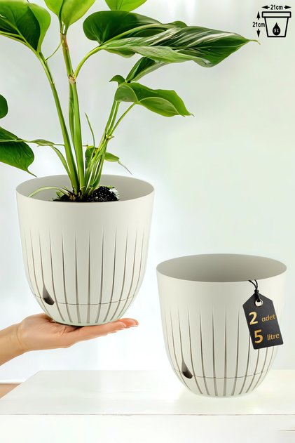 2 Adet Çizgi Saksı Seti 5 Litre Plastik Delikli Tabaklı Çiçek Saksısı Set