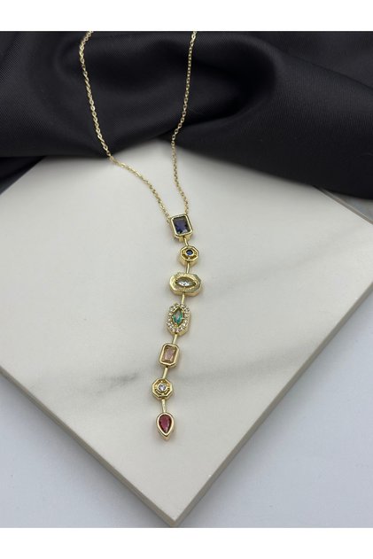 Colorful Stone Y Necklace Steel Necklace