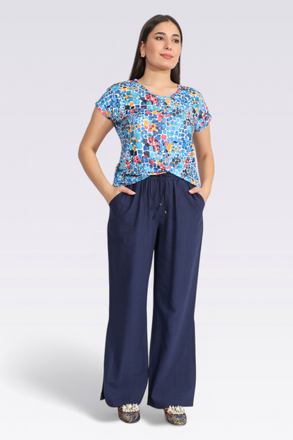 30270 Dark Blue Elastic Waist Comfortable Cut Wide Leg Pants