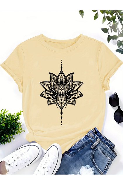 Lotus Printed Women's Casual Summer T-Shirt - Short Sleeve, Round Neck,