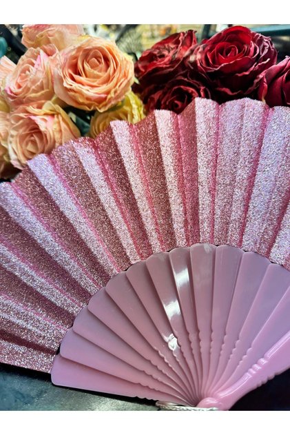 Plastik Yelpaze Simli Pembe