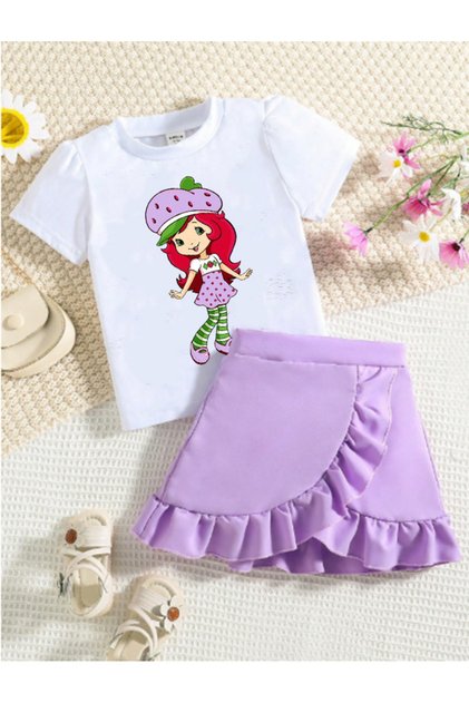 Girl's Ruffled Skirt Suit Strawberry Girl Printed