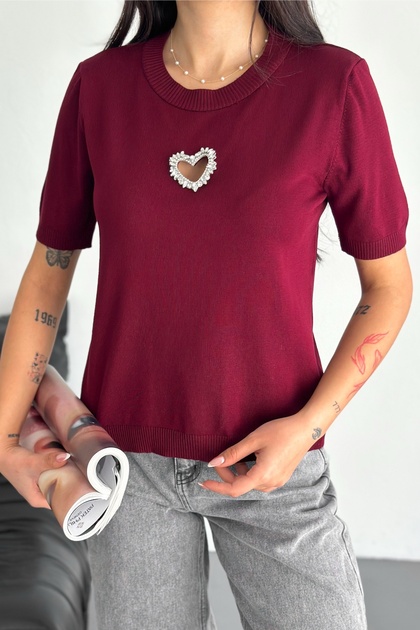 Women's Burgundy Standard Size Heart Stone Accessory Detailed Short Sleeve Cotton Slim Stone Knitwear Blouse