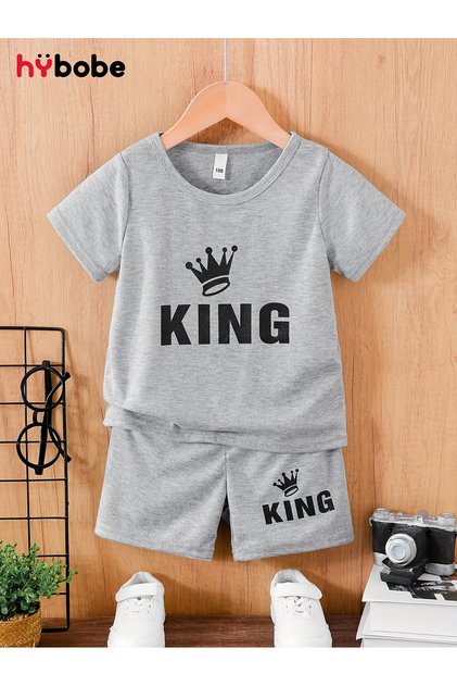 King Crown Printed Cotton Kids Gray Shorts T-Shirt Set - Girls Boys Summer Crew Neck