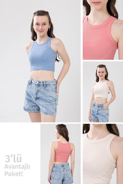 Young Girl's Crew Neck Sleeveless Ribbed Crop Bustier 3 Pack 4105 Colorful