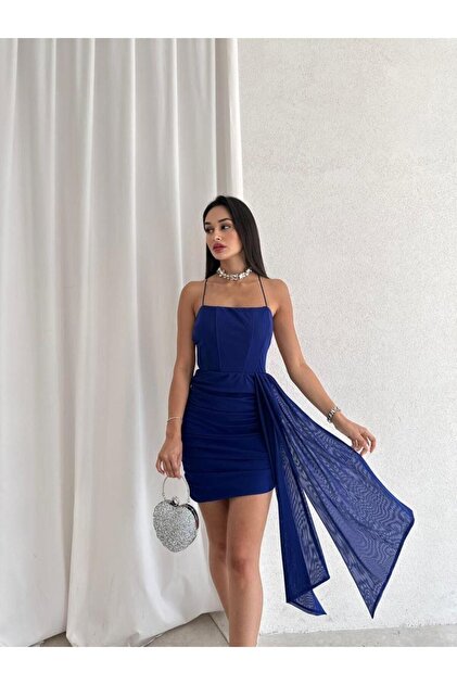 BEAUTY FASHON Sax Blue Mini Dress with Draped Back Low-Cut Pendant Fabric  Detail - Evening Dress & Graduation Dress- Trendyol