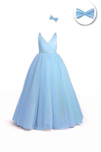 Girl's Double-breasted Efta Dress - Evening Dress with Buckle and Tulle Skirt and Back Ribbon