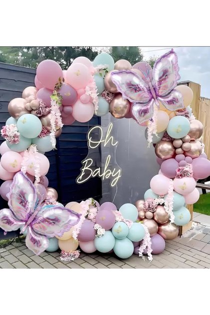 Winter Green Powder Pink Rose Chrome Pink Balloon Chain Set Including 101 Butterfly Foil Balloons