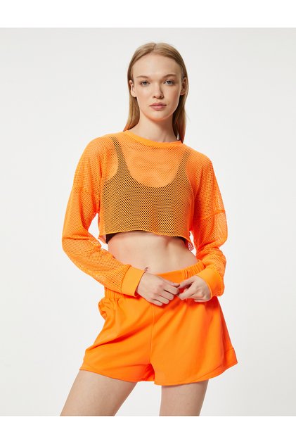 Oversize Mesh Sports T-Shirt Crop Long Sleeve Crew Neck
