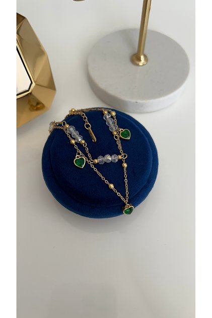 Steel Gold Green Zircon Stone Heart Detailed Anklet