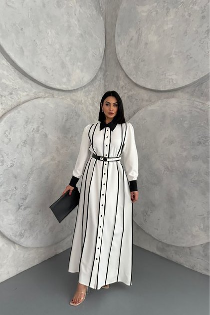 Women's Belt Line Detailed Long Shirt Dress Nbms42166