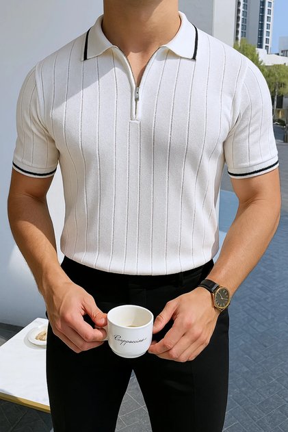 Polo Neck Zipper Short Sleeve Men's Summer Knitwear T-Shirt