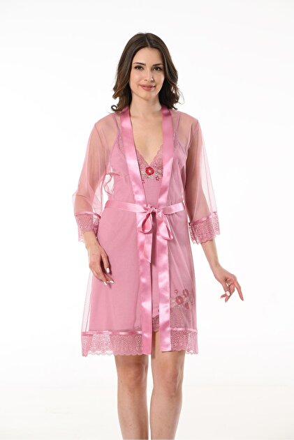 Lace Dressing Gown Embroidery Detailed Strappy Nightgown Set