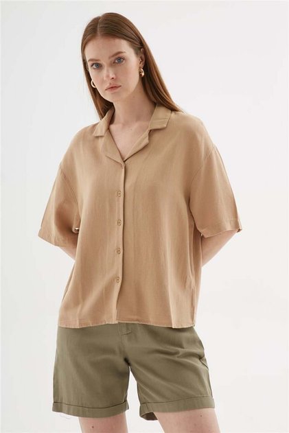 Short Sleeve Linen Shirt Beige