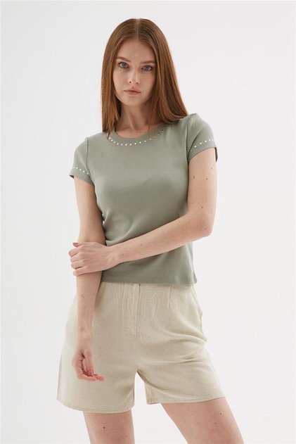Staple Detailed 100% Cotton T-Shirt Khaki
