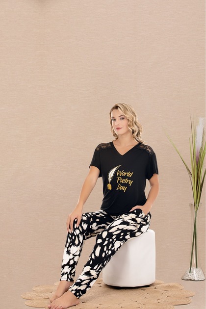 Women's Short Sleeve, V-Neck Shoulder Detail Pajama Set