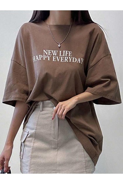 tricou unisex oversize maro cu imprimeu new life