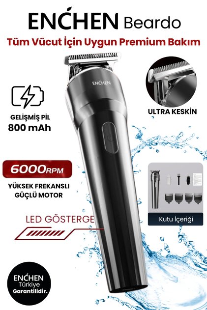 Aparat de tuns Enchen Beardo, Uscat, 4 accesorii, 6000 rpm, 800 mAh (Negru)
