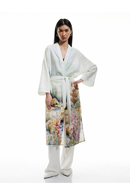 Viscose - Cotton Fabric Belt Detailed Patterned Long Kimono