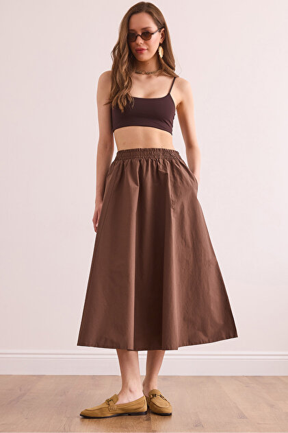 Brauner Fallschirm-Glockenrock mit elastischer Taille für Damen ETK- 19000280