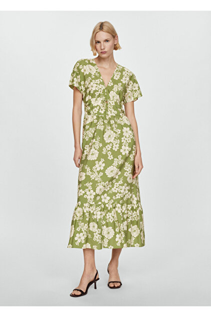 mango green floral dress Floral linen-blend dress