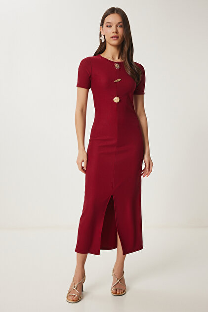 Happiness stanbul Women's Burgundy Gold Accessory Ribbed Knitted Dress  Zh00045- Trendyol