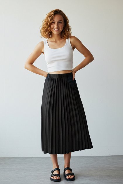 Black Pleat Detail Satin Fabric Midi Length Woven Skirt Twoaw24Et00359