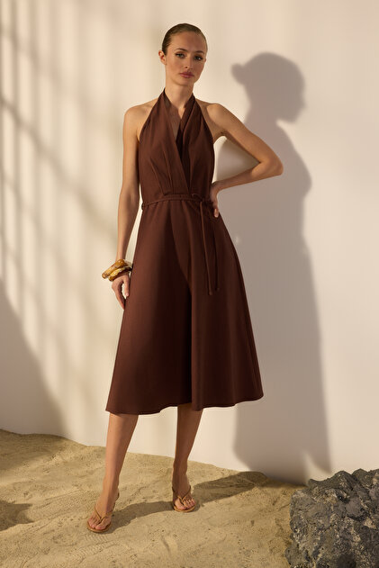 Trendyol Collection Brown Linen Blend A-Line Midi Woven Dress