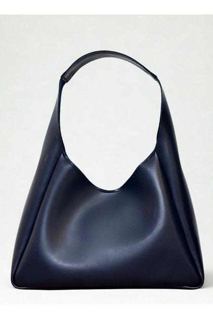 Women's Navy Blue Hand and Shoulder Bag with Snap Closure and Zippered Interior Compartment