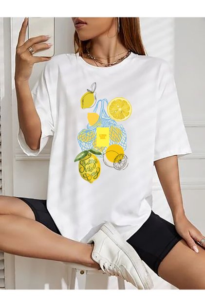 Popular Trend Lemon Printed Loose Fit White Women's Tshirt