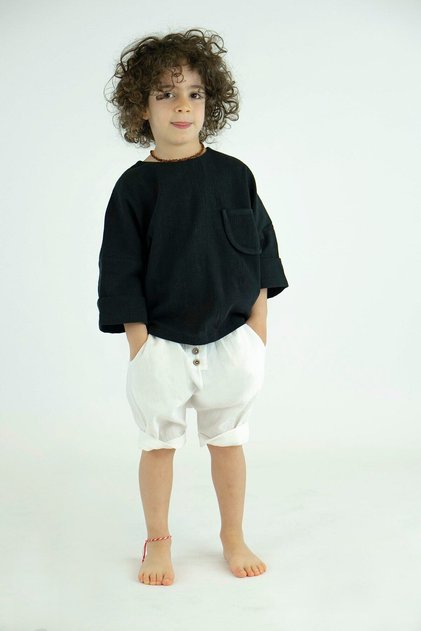 Black Muslin Pocket Shirt Ecru Muslin Double Leg Shorts