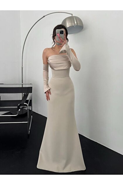 zoezoe Satin Buttoned Attached Sleeve Draped Strapless Neckline Long  Wedding Party/Prom/Homecoming/Engagement Dress- Trendyol