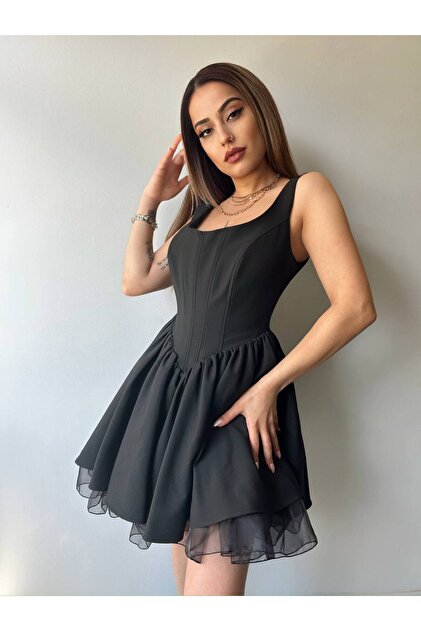 Fav Style Women's Thick Strap Corset, Black Mini Dress- Trendyol