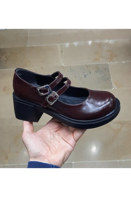 WOMEN'S THICK HEEL TOP STRAPPY BALLERINA MODEL MATTE PATENT LEATHER LOAFER SHOES