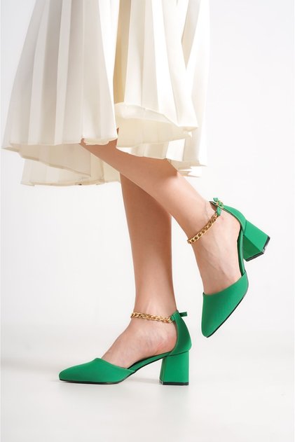 Aria; Green Satin, Ankle Chain, Classic Heeled Shoes