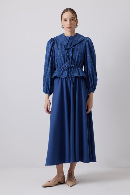 Denim Effect Bluz Skirt Suit