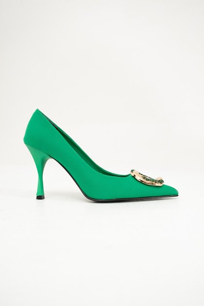 Angelica Green Buckle Detailed Satin Pointed Toe Women's Classic Heeled Shoes