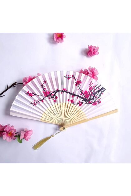 Yelpaze Bambu Kumaş Serinletici Vintage Kiraz Çiçeği Şık Püsküllü Japon Yelpaze 0198