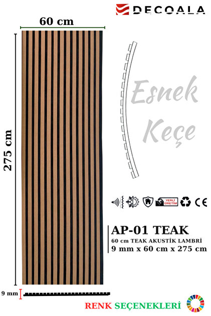 Mdf Ahşap Akustik Duvar Paneli 60x275 Cm - Teak