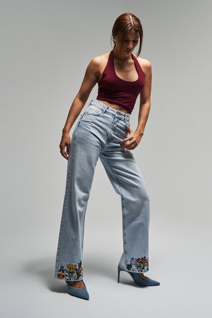 Women's Ice Denim Color 4S5-3 Straight Fit Floral Embroidered 100% Cotton Inner Length 80 cm Design Denim Jean