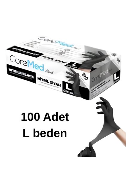 Coremed 100 lü Çok Amaçlı Pudrasız Nitril Eldiven Siyah,L beden