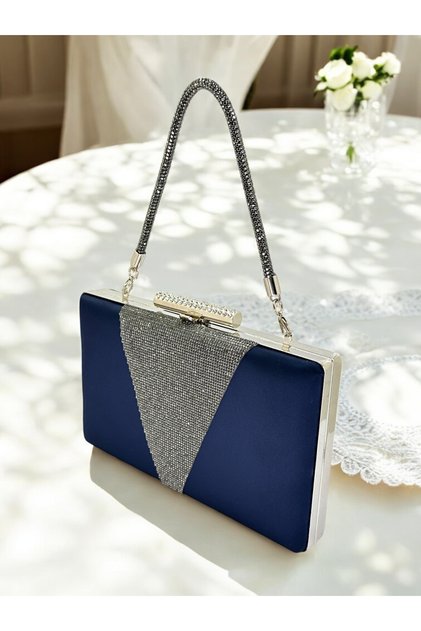 Navy Blue Color Satin Platinum Color Crystal Stone Strappy Women's Evening Dress Bag Wedding Graduation Engagement 2026