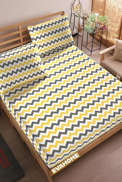 Yellow Color, Zickzack Patterned Ranforce Fabric Fitted Sheet Set - Single/Double/Battal
