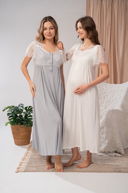 Women's Gray Lace Summer Special Design Cotton Maternity Maternity Nightgown
