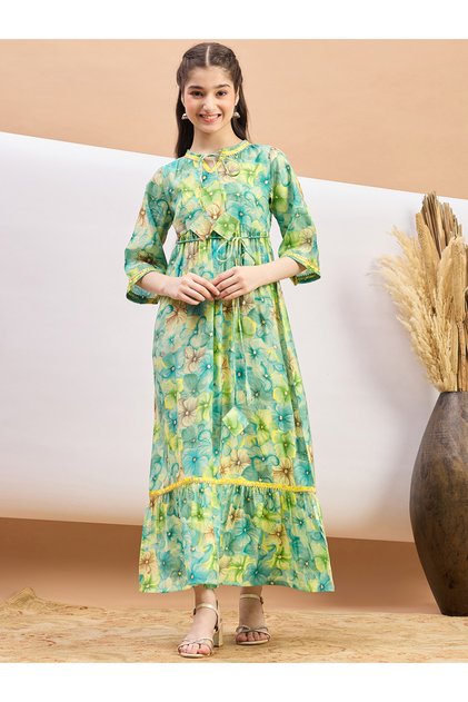 Floral Print Tie-Up Neck A-Line Maxi Dress
