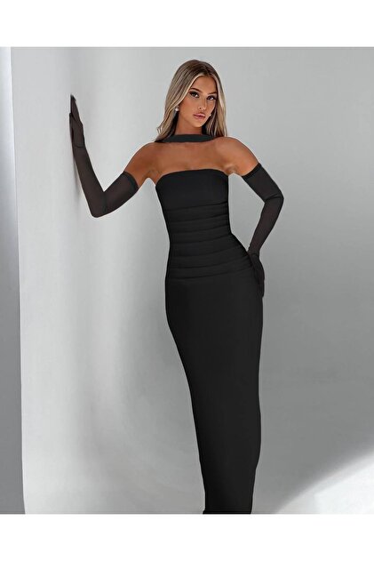 black strapless dress with gloves Sexy Sheath Strapless Neckline Long Black Prom Dress With Gloves P1564 main image 1
