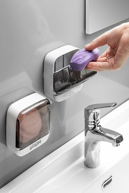 Adhesive Pop-Up Lid Soap Dispenser Soap Box Soap Drain Container 1Pcs