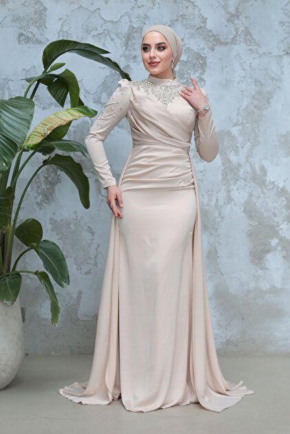 Neva Style Beaded Beige Hijab Satin Evening Dress 51312Bej- Trendyol Neva Style Beaded Beige Hijab Satin Evening Dress 51312Bej- Trendyol