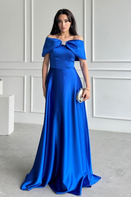 Serica Moda Saks Blue Evening Dress with Stone Front and Bow Detail-  Trendyol